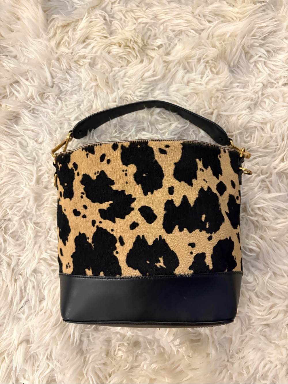Ralph Lauren Small Hair Calf Bucket Bag Animal Print Purse Handbag Black Leather - Picture 5 of 16
